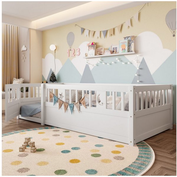 Flieks Kinderbett, Bodenbett Massivholzbett 90x190cm mit Gitter ohne Lattenrost