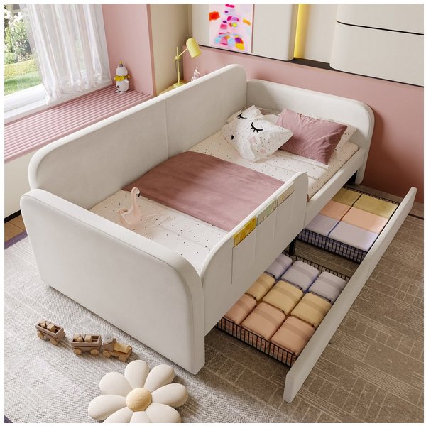 Flieks Kinderbett, Polsterbett Spleißbett 90x200cm mit 3 Stauraumtaschen und 2 Schubladen