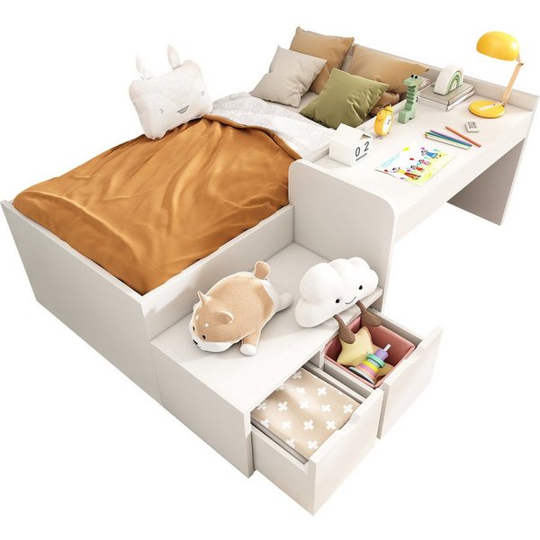Flieks Kinderbett, Massivholzbett Einzelbett 90x200cm mit Schreibtisch und 2 Schubladen