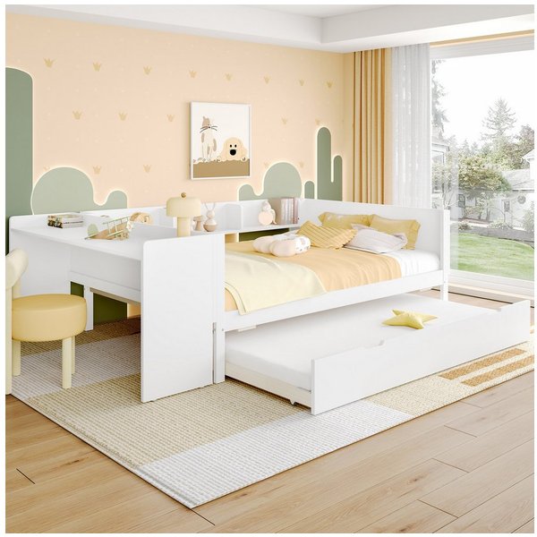 Flieks Kinderbett, Massivholzbett 140x200cm mit Schreibtisch und Ausziehbett 90x190cm