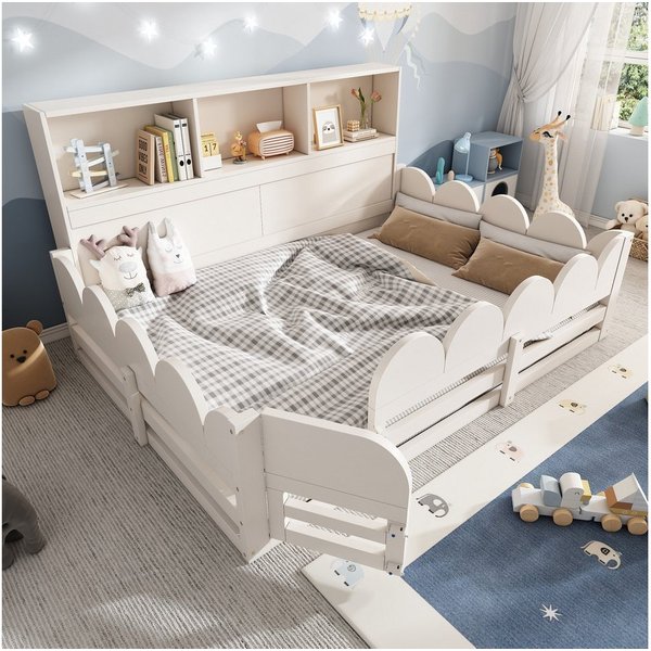 Flieks Kinderbett, Bodenbett 140x200cm mit Regal, Rausfallschutz und kleiner Tür