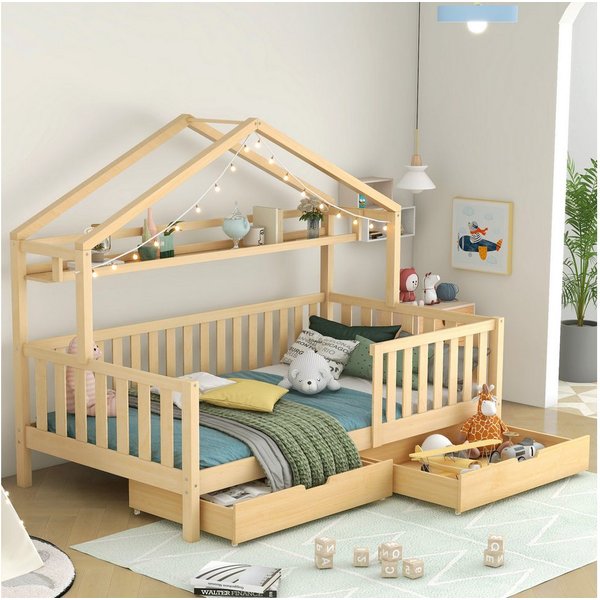 Flieks Kinderbett, Hausbett Einzelbett Kiefer 90x200cm mit Ablageregal und 2 Schubladen