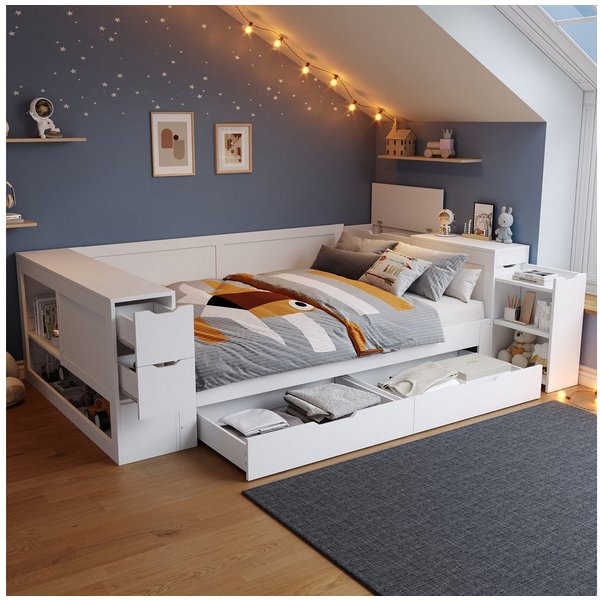 Flieks Kinderbett, Stauraumbett Daybett 140x190cm mit Schubladen, Regalen und Nachttisch