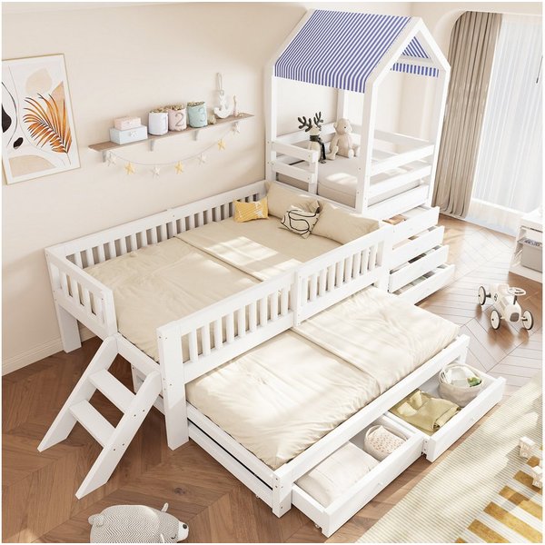 Flieks Kinderbett, Massivholzbett 90x200cm mit Ausziehbett 90x190cm, Schrank, Schubladen