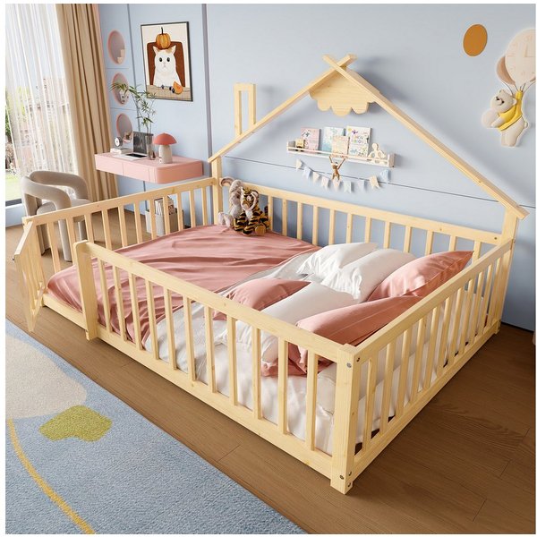 Flieks Kinderbett, Bodenbett Holzbett Hausbett 140x190cm mit Geländer