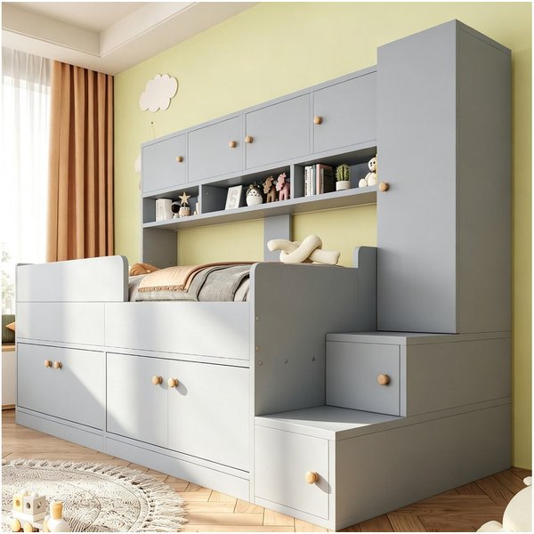 Flieks Kinderbett, Holzbett 90×200cm mit vielem Stauraum Kleiderschrank LED-Beleuchtung