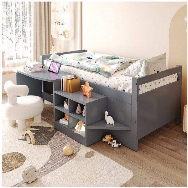 Flieks Kinderbett, Halbhochbett 90x200cm mit Schreibtisch, Schrank und Aufladenfunktion
