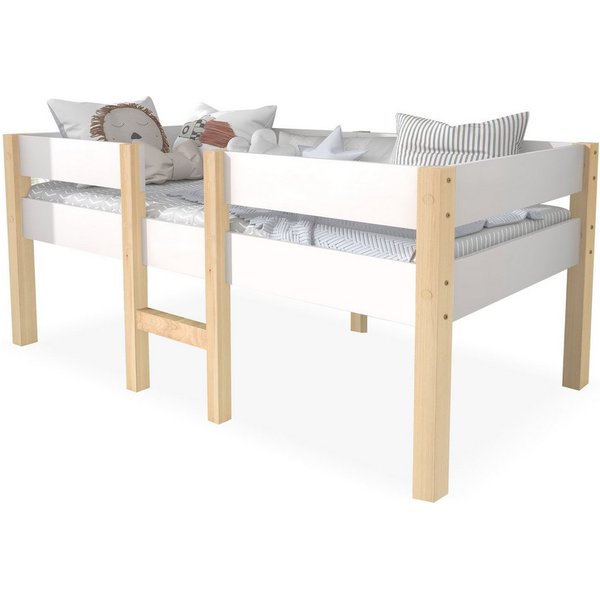 Flieks Kinderbett, Massives Kiefernholzbett Hochbett mit Lattenrost 90*200cm