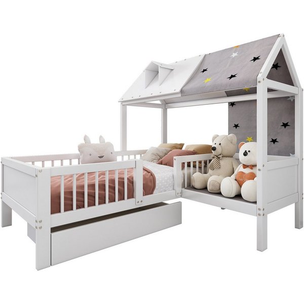 Flieks Kinderbett, Massivholz Einzelbett Hausbett mit Zeltstoff und Schublade 90x200cm