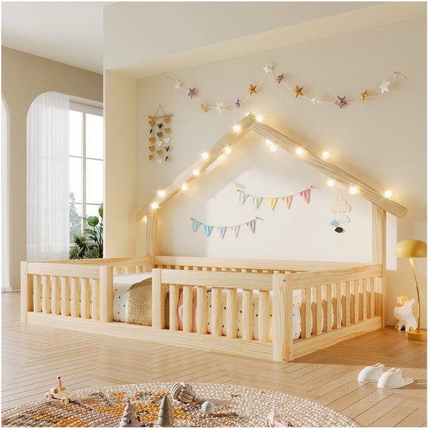Flieks Kinderbett, Hausbett Bodenbett 90x200cm mit LED-Lichterkette ohne Lattenrost
