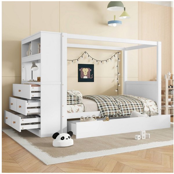 Flieks Kinderbett, Holzbett Himmelbett Einzelbett 90x200cm mit Schubladen Seitenschrank