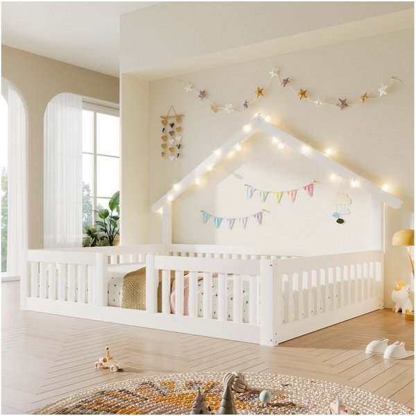 Flieks Kinderbett, Hausbett Bodenbett 140x200cm mit LED-Lichterkette ohne Lattenrost