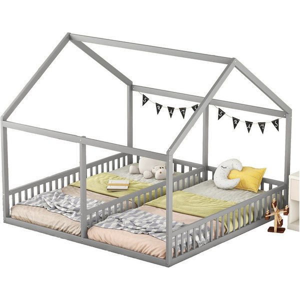 Flieks Kinderbett, Massivholz Einzelbett Doppelbett Hausbett 90x200cm 2 Liegefläche
