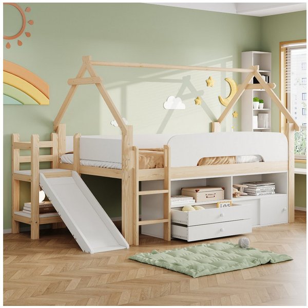 Flieks Kinderbett, Hausbett Hochbett Einzelbett 90x200cm mit Rutsche und vielem Stauraum