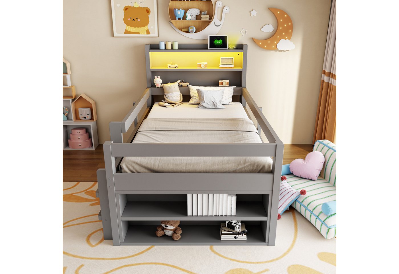 Flieks Kinderbett, Halbhochbett 90x200cm, Schrank mit Schiebetüren, LED-Leiste & Aufladen – Bild 2 von 5