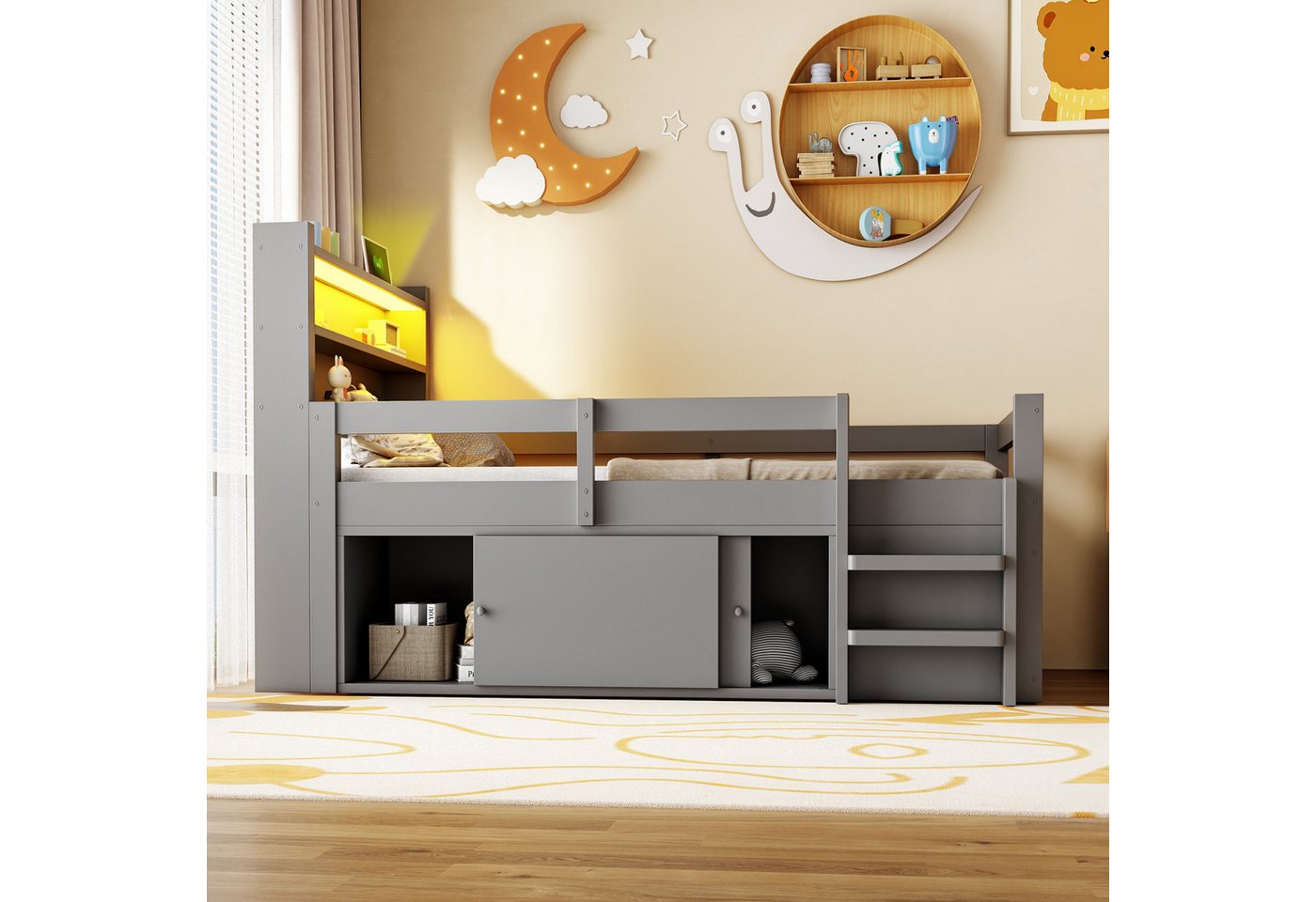 Flieks Kinderbett, Halbhochbett 90x200cm, Schrank mit Schiebetüren, LED-Leiste & Aufladen – Bild 3 von 5
