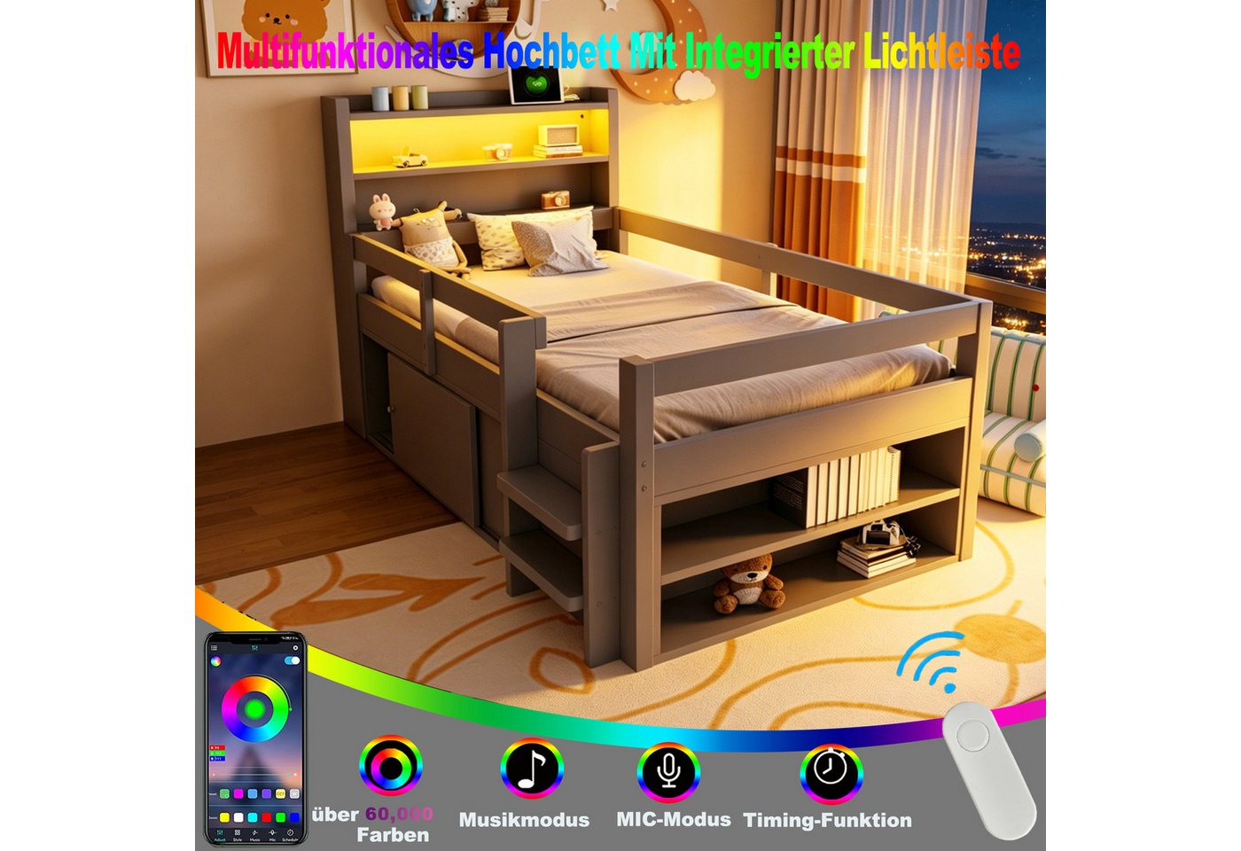 Flieks Kinderbett, Halbhochbett 90x200cm, Schrank mit Schiebetüren, LED-Leiste & Aufladen – Bild 4 von 5