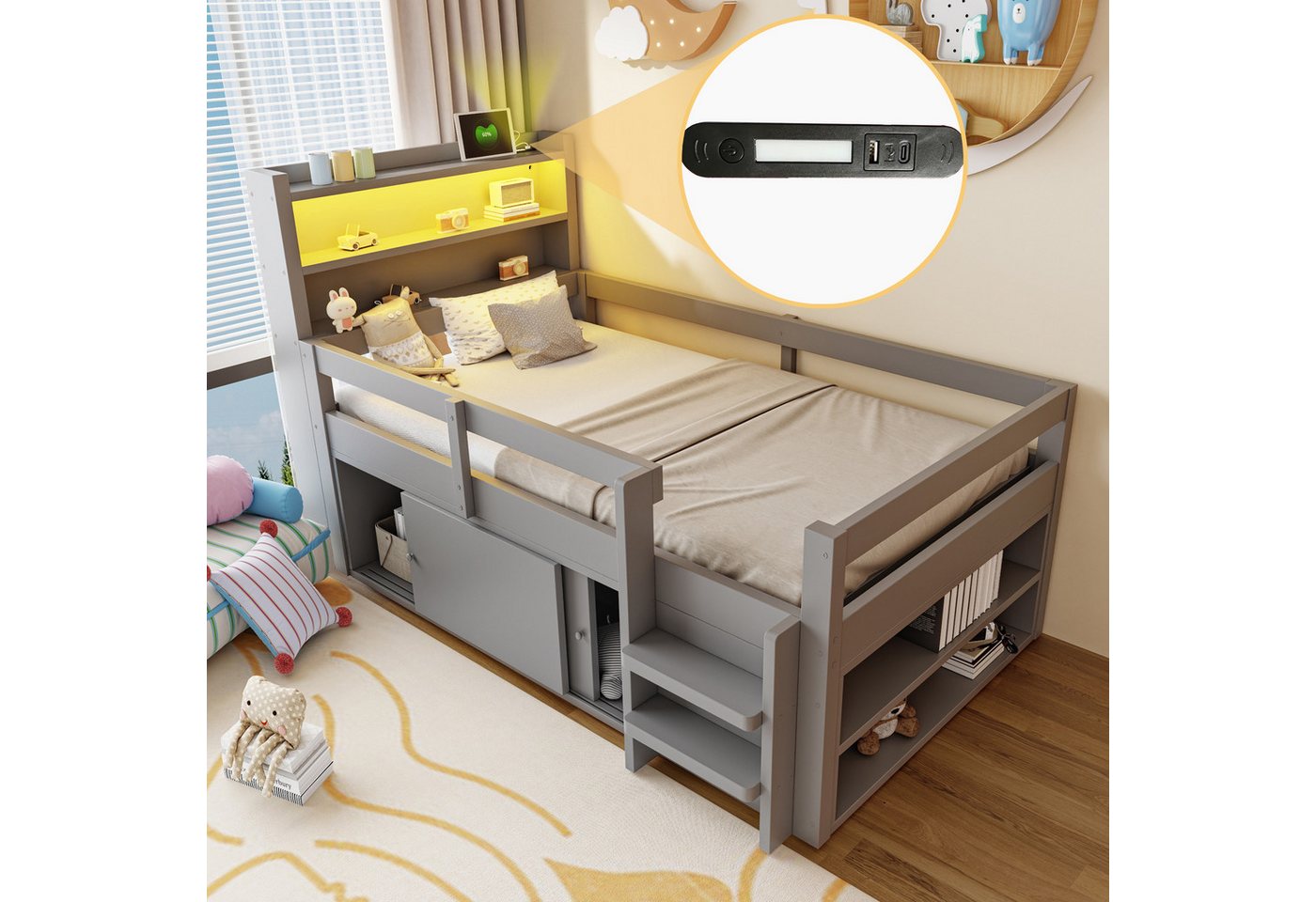 Flieks Kinderbett, Halbhochbett 90x200cm, Schrank mit Schiebetüren, LED-Leiste & Aufladen – Bild 5 von 5