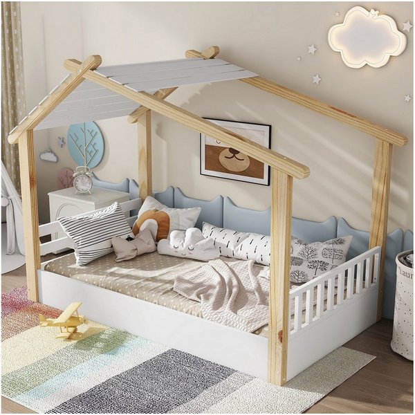 Flieks Kinderbett, Holzbett Einzelbett Hausdesign mit stabilen Lattenroste 90x200cm