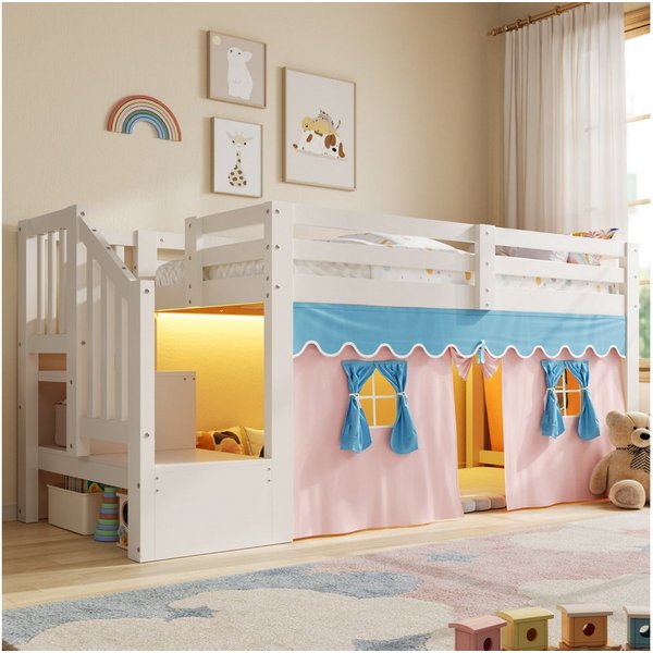 Flieks Kinderbett, Halbhohes Bett 90x200cm mit Verdunkelungsvorhänge und LED-Lichtleiste