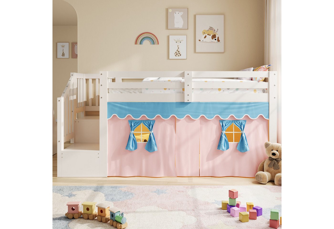 Flieks Kinderbett, Halbhohes Bett 90x200cm mit Verdunkelungsvorhänge und LED-Lichtleiste – Bild 2 von 5