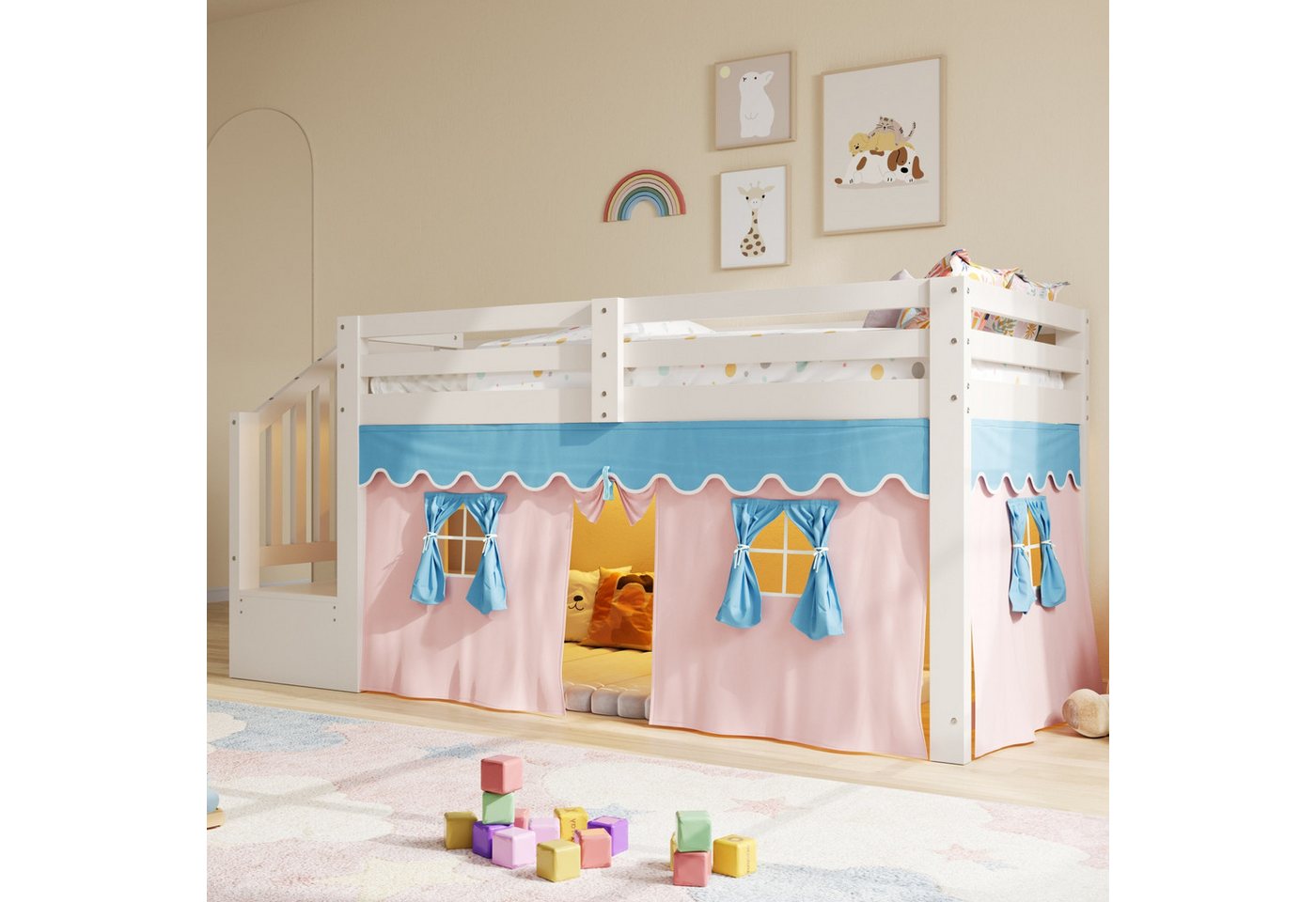 Flieks Kinderbett, Halbhohes Bett 90x200cm mit Verdunkelungsvorhänge und LED-Lichtleiste – Bild 3 von 5
