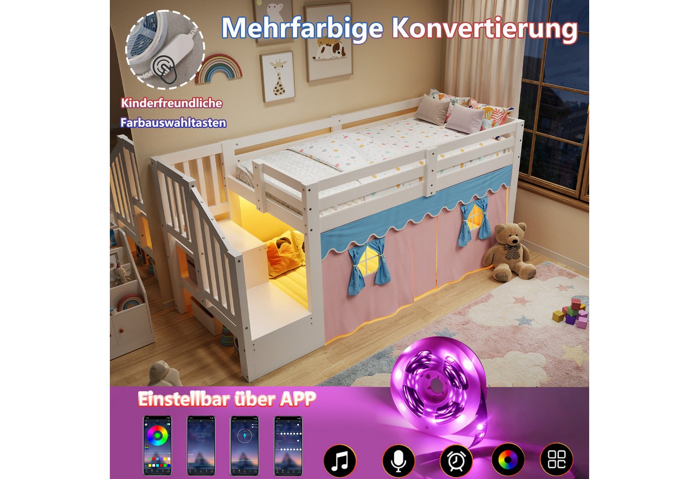 Flieks Kinderbett, Halbhohes Bett 90x200cm mit Verdunkelungsvorhänge und LED-Lichtleiste – Bild 4 von 5