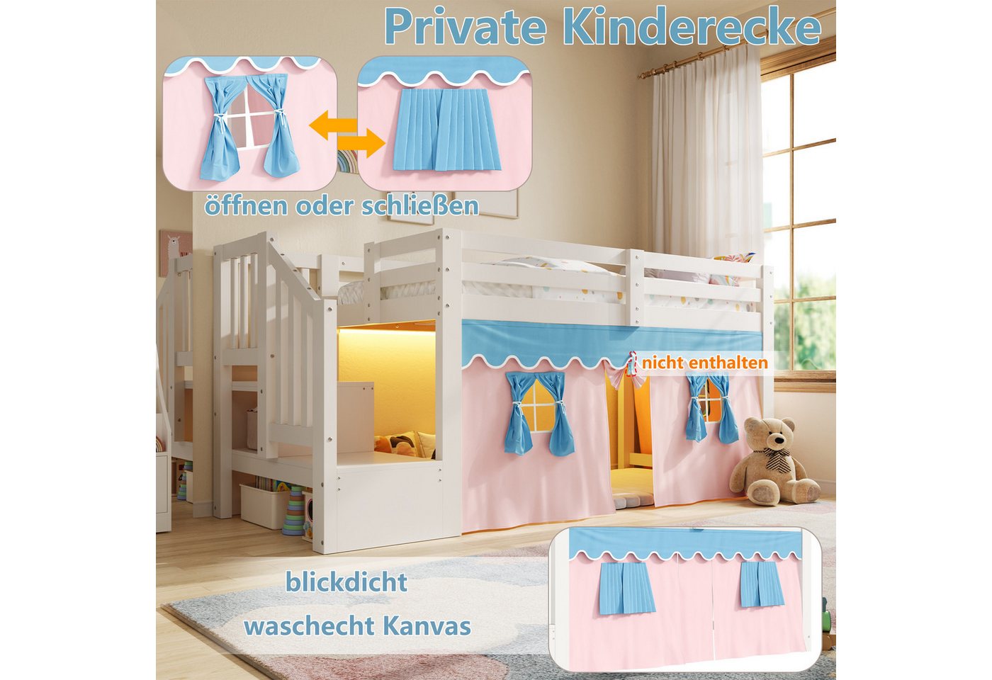 Flieks Kinderbett, Halbhohes Bett 90x200cm mit Verdunkelungsvorhänge und LED-Lichtleiste – Bild 5 von 5