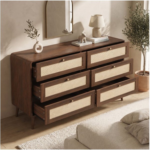 Flieks Kommode, Sideboard 120x40x80cm mit 6 Schubladen, PE-Rattan Schubladenfront