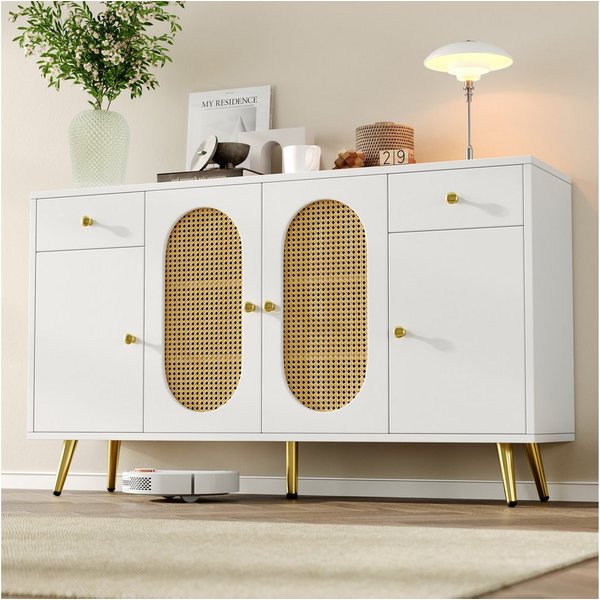 Flieks Kommode mit 2 Schubladen, Rattan-Türen und verstellbarer Einlegeböden Weiß (Schrank für Wohnzimmer, Schlafzimmer und Esszimmer, 1 St., B140 x T35 x H82 c