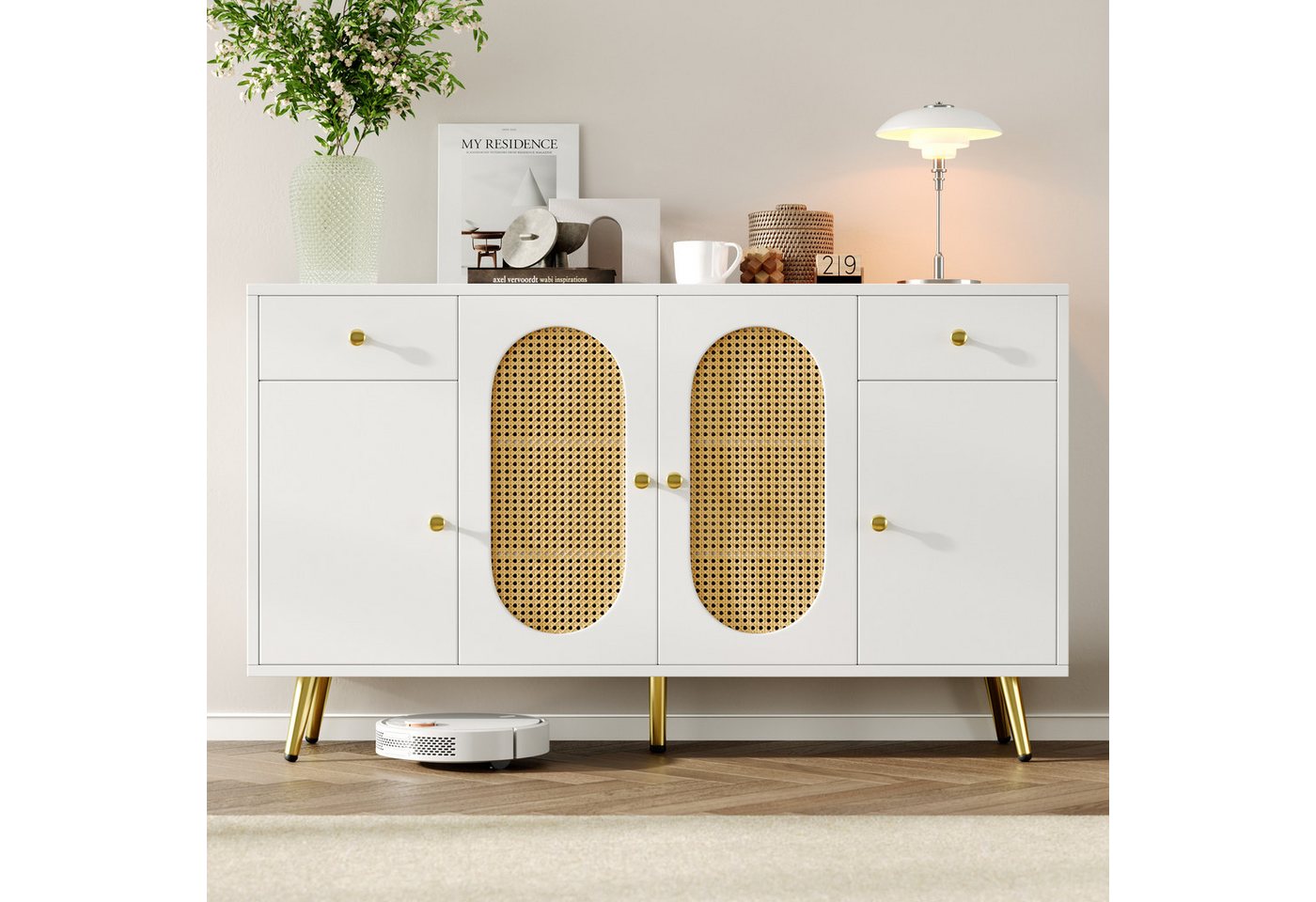 Flieks Kommode mit 2 Schubladen, Rattan-Türen und verstellbarer Einlegeböden Weiß (Schrank für Wohnzimmer, Schlafzimmer und Esszimmer, 1 St., B140 x T35 x H82 c – Bild 2 von 5
