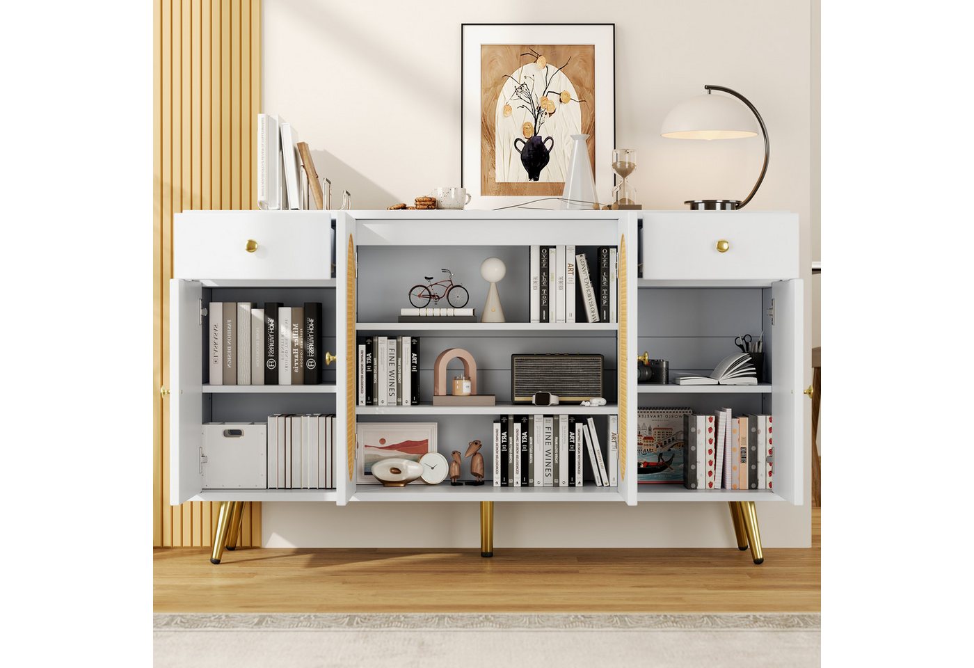 Flieks Kommode mit 2 Schubladen, Rattan-Türen und verstellbarer Einlegeböden Weiß (Schrank für Wohnzimmer, Schlafzimmer und Esszimmer, 1 St., B140 x T35 x H82 c – Bild 3 von 5