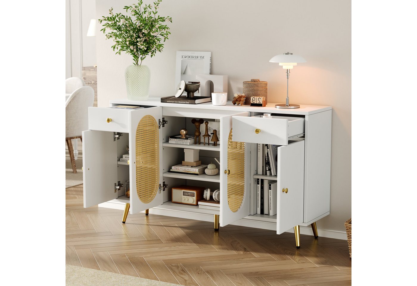 Flieks Kommode mit 2 Schubladen, Rattan-Türen und verstellbarer Einlegeböden Weiß (Schrank für Wohnzimmer, Schlafzimmer und Esszimmer, 1 St., B140 x T35 x H82 c – Bild 4 von 5