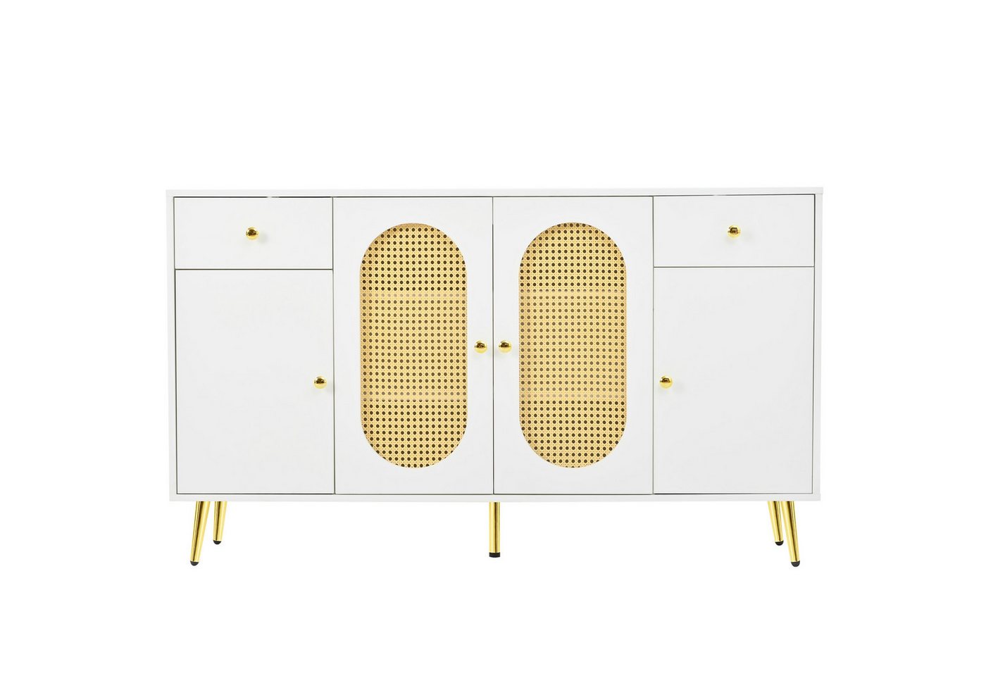 Flieks Kommode mit 2 Schubladen, Rattan-Türen und verstellbarer Einlegeböden Weiß (Schrank für Wohnzimmer, Schlafzimmer und Esszimmer, 1 St., B140 x T35 x H82 c – Bild 5 von 5