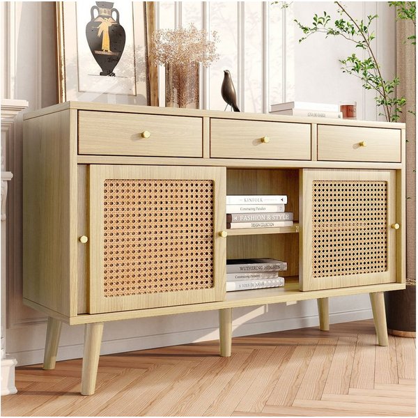 Flieks Kommode mit 3 Schubladen und Schiebetüren aus Rattangeflech (mit verstellbaren Einlegeböden, 1 St., 120x40x78 cm), Mehrzweckschrank Sideboard Eichenfarbe