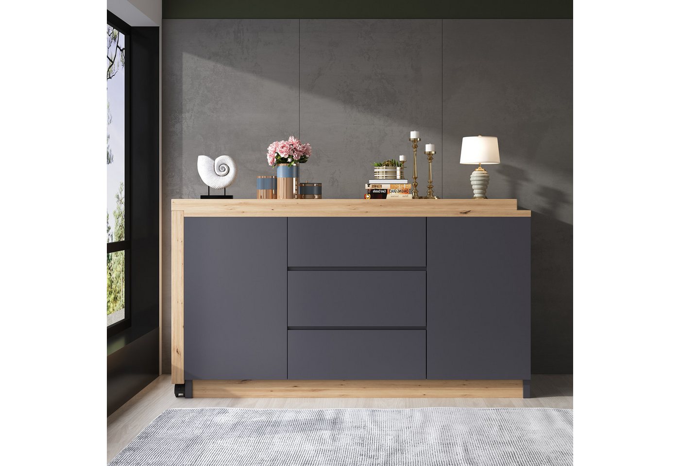 Flieks Kommode mit 360° drehbare Tisch, Rollen und Schubladen (2 St., mit verstellbaren Einlegeböden), Schreibtisch Sideboard Mehrzweckschrank Arbeitstisch grau – Bild 2 von 5