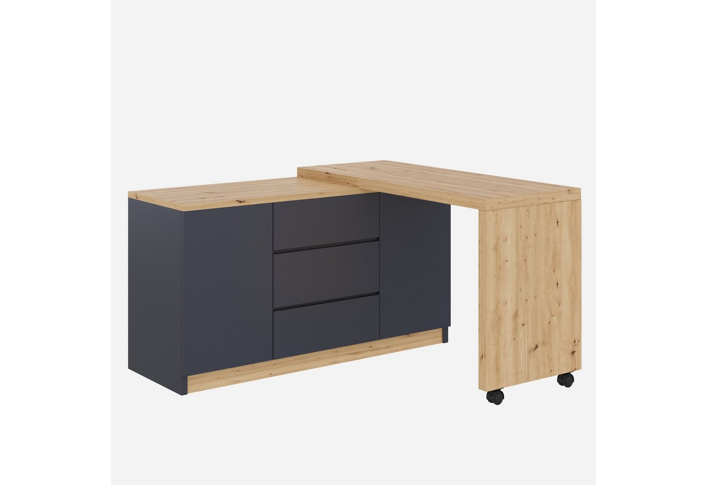 Flieks Kommode mit 360° drehbare Tisch, Rollen und Schubladen (2 St., mit verstellbaren Einlegeböden), Schreibtisch Sideboard Mehrzweckschrank Arbeitstisch grau – Bild 3 von 5