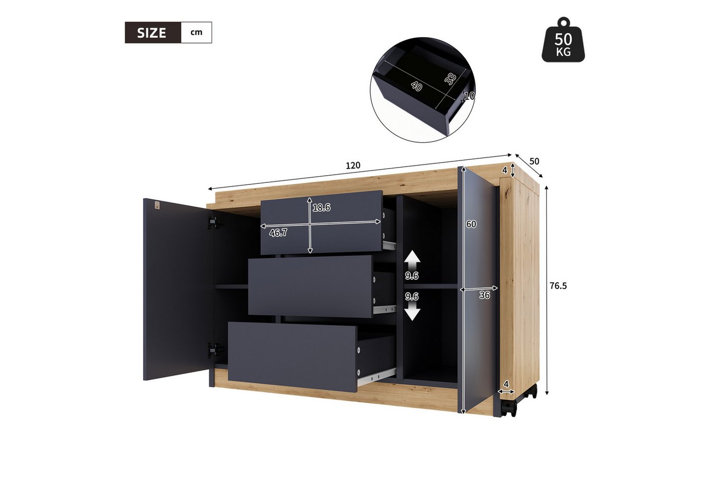 Flieks Kommode mit 360° drehbare Tisch, Rollen und Schubladen (2 St., mit verstellbaren Einlegeböden), Schreibtisch Sideboard Mehrzweckschrank Arbeitstisch grau – Bild 4 von 5