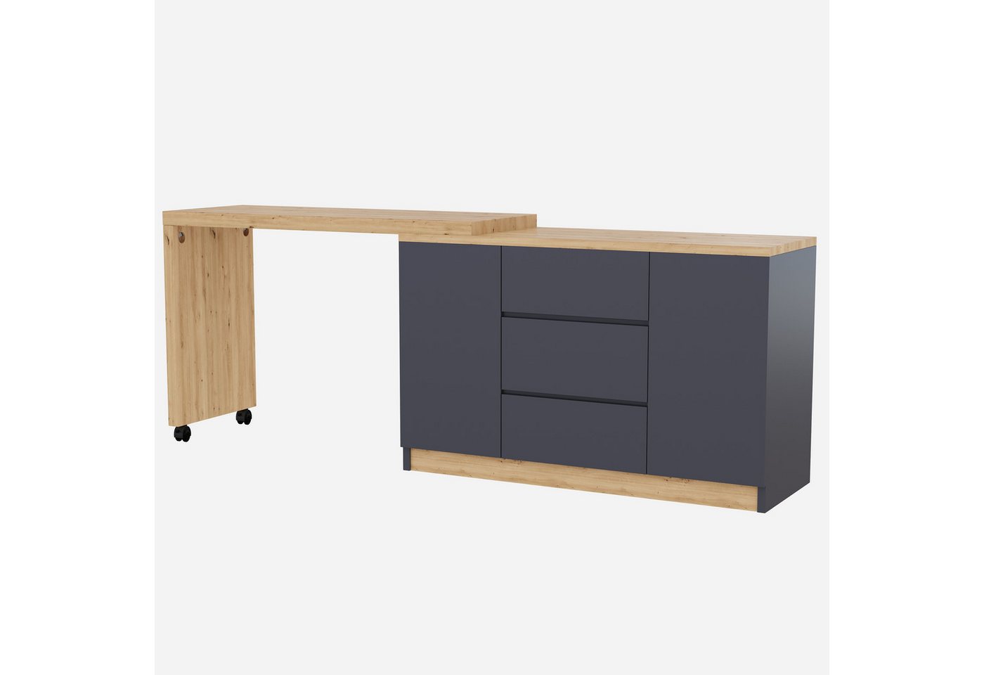 Flieks Kommode mit 360° drehbare Tisch, Rollen und Schubladen (2 St., mit verstellbaren Einlegeböden), Schreibtisch Sideboard Mehrzweckschrank Arbeitstisch grau – Bild 5 von 5
