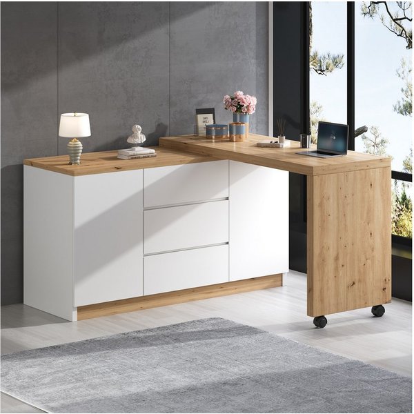 Flieks Kommode mit 360° drehbare Tisch, Rollen und Schubladen (2 St., mit verstellbaren Einlegeböden), Schreibtisch Sideboard Mehrzweckschrank Arbeitstisch weiß