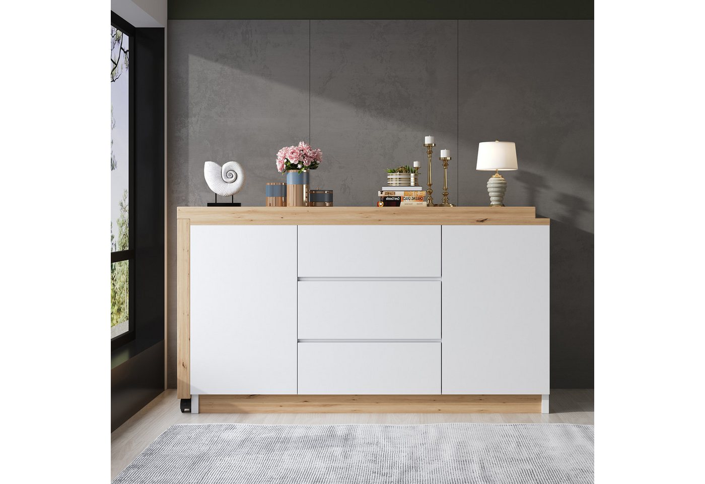 Flieks Kommode mit 360° drehbare Tisch, Rollen und Schubladen (2 St., mit verstellbaren Einlegeböden), Schreibtisch Sideboard Mehrzweckschrank Arbeitstisch weiß – Bild 2 von 5