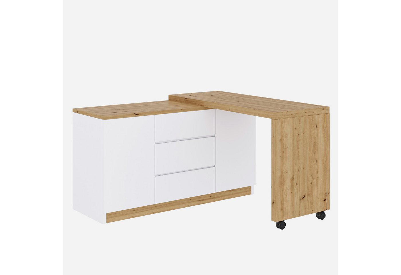 Flieks Kommode mit 360° drehbare Tisch, Rollen und Schubladen (2 St., mit verstellbaren Einlegeböden), Schreibtisch Sideboard Mehrzweckschrank Arbeitstisch weiß – Bild 3 von 5