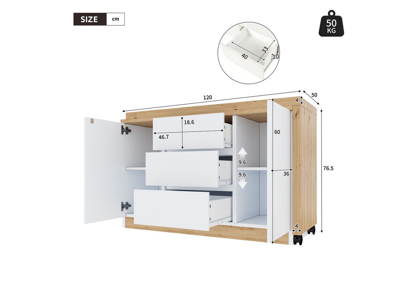 Flieks Kommode mit 360° drehbare Tisch, Rollen und Schubladen (2 St., mit verstellbaren Einlegeböden), Schreibtisch Sideboard Mehrzweckschrank Arbeitstisch weiß – Bild 4 von 5