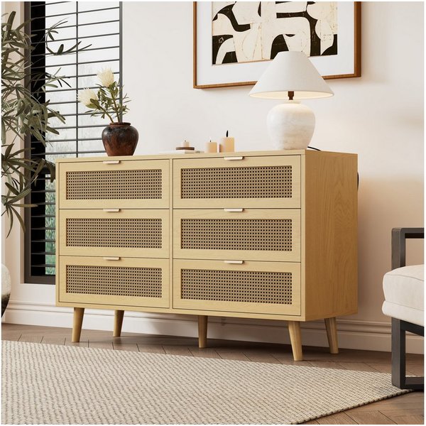 Flieks Kommode mit 6 Schubladen Rattan (B120/H76,5/T40 cm, 1 St), Sideboard Schubkastenkommode Aufbewahrungsschrank, Massivholzbeine
