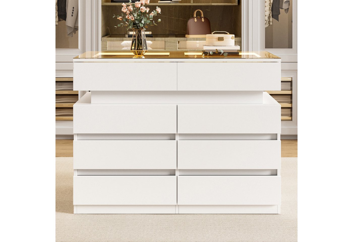 Flieks Kommode mit Glas-Arbeitsplatte, LED-Beleuchtung und 8 Schubladen (1 St., B100/T45/H76 cm), Mehrzweckschrank Schmuckschrank Holzschrank Weiß – Bild 2 von 5