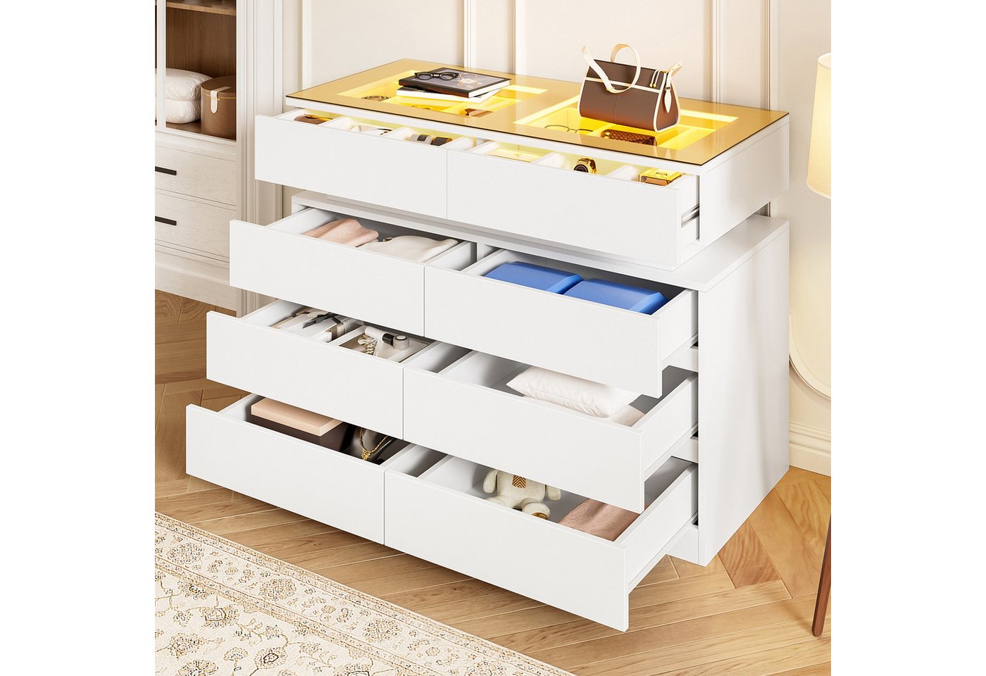 Flieks Kommode mit Glas-Arbeitsplatte, LED-Beleuchtung und 8 Schubladen (1 St., B100/T45/H76 cm), Mehrzweckschrank Schmuckschrank Holzschrank Weiß – Bild 3 von 5
