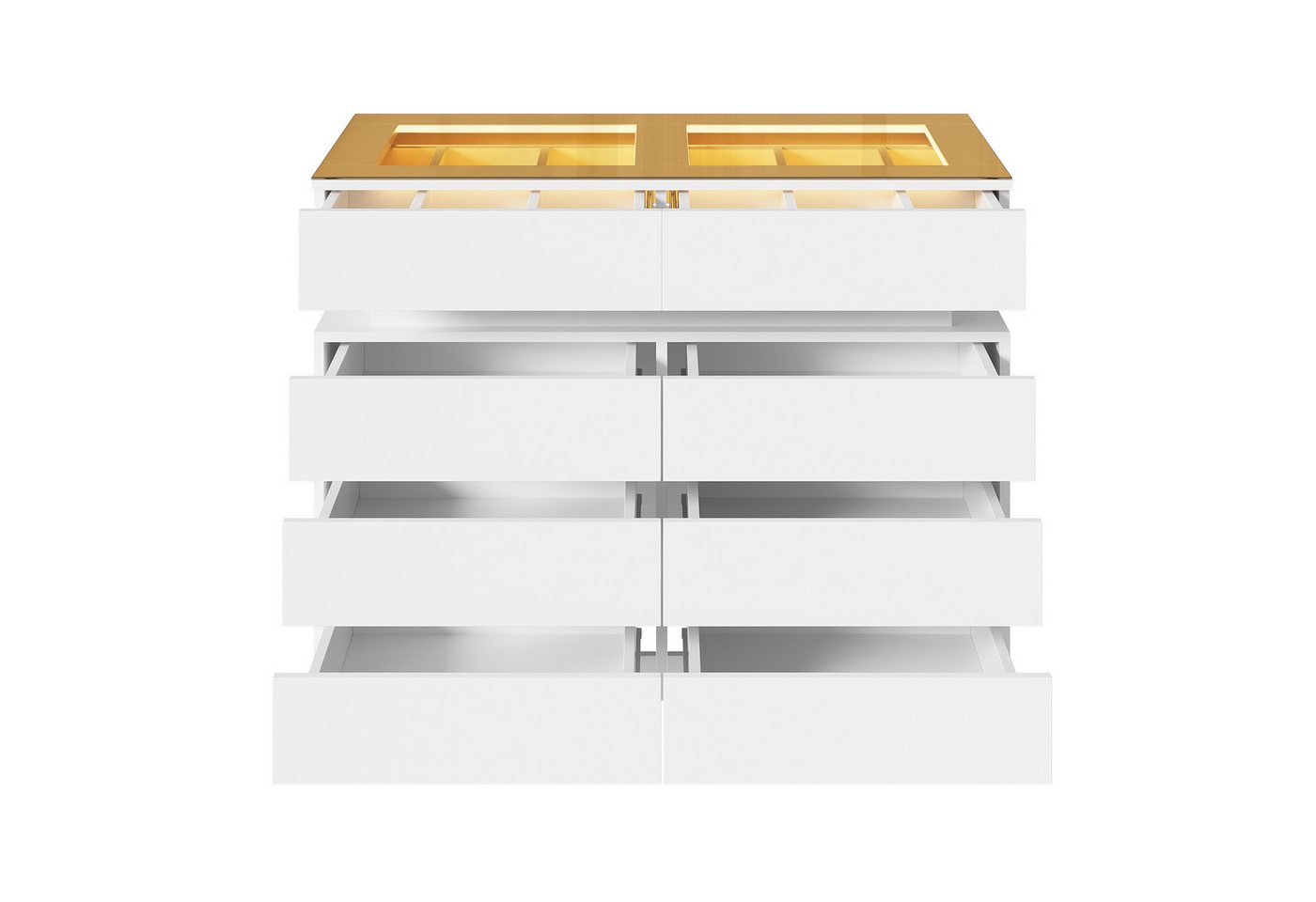 Flieks Kommode mit Glas-Arbeitsplatte, LED-Beleuchtung und 8 Schubladen (1 St., B100/T45/H76 cm), Mehrzweckschrank Schmuckschrank Holzschrank Weiß – Bild 4 von 5