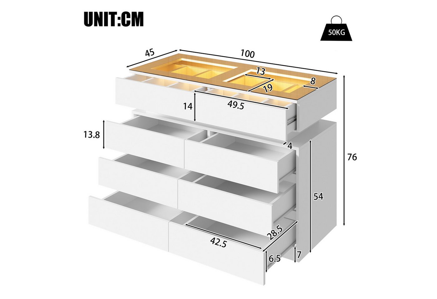 Flieks Kommode mit Glas-Arbeitsplatte, LED-Beleuchtung und 8 Schubladen (1 St., B100/T45/H76 cm), Mehrzweckschrank Schmuckschrank Holzschrank Weiß – Bild 5 von 5