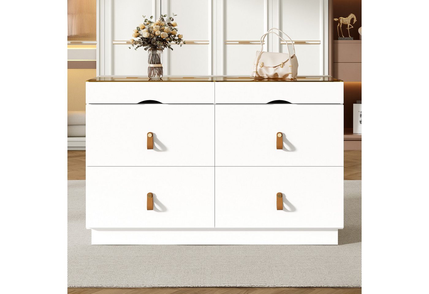 Flieks Kommode mit Glas-Arbeitsplatte, 6 Schubladen und Kunstledergriffen (1 St., B120/T40/H78 cm), Mehrzweckschrank Schmuckschrank Holzschrank Weiß – Bild 2 von 5