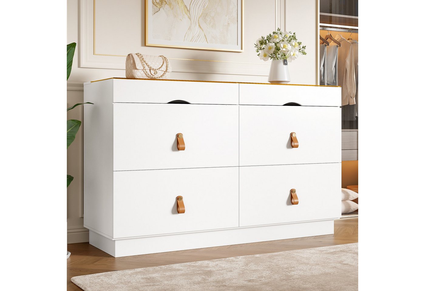 Flieks Kommode mit Glas-Arbeitsplatte, 6 Schubladen und Kunstledergriffen (1 St., B120/T40/H78 cm), Mehrzweckschrank Schmuckschrank Holzschrank Weiß – Bild 3 von 5